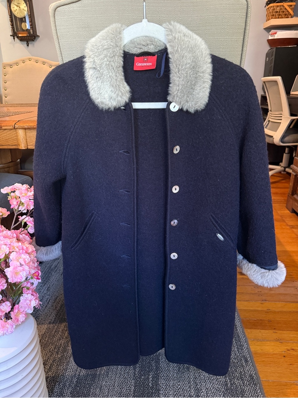 Chadwicks Navy Wool Pea Coat with Light Gray Faux Fur Trim
